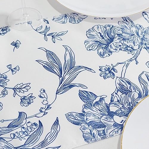 12 x 108-Inch White with Blue Floral French Toile Polyester Table Top Runner Wedding Party Event Reception Occasions Linens Decorations