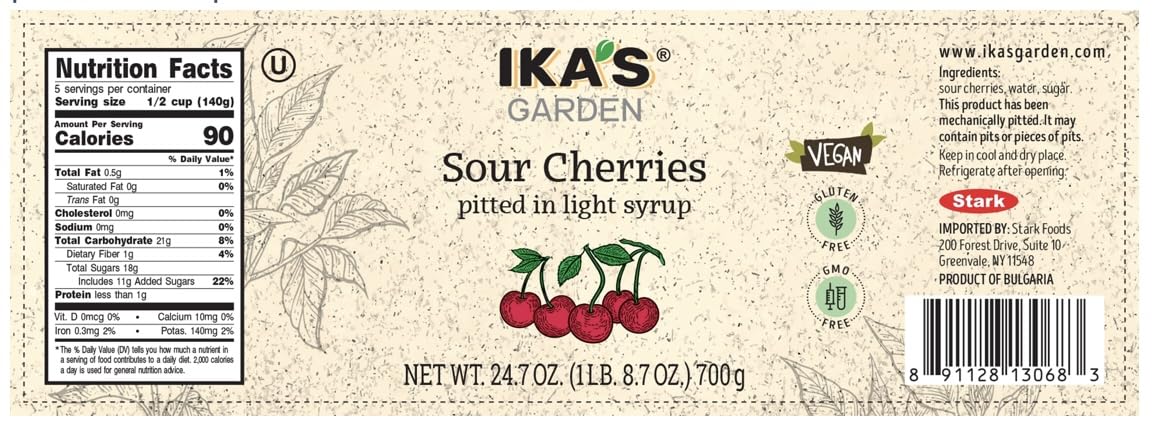 Ika’s Garden Pitted Sour Cherries in Light Syrup – 24.7 oz Jar – Vegan, Gluten-Free, Non-GMO – Product of Bulgaria