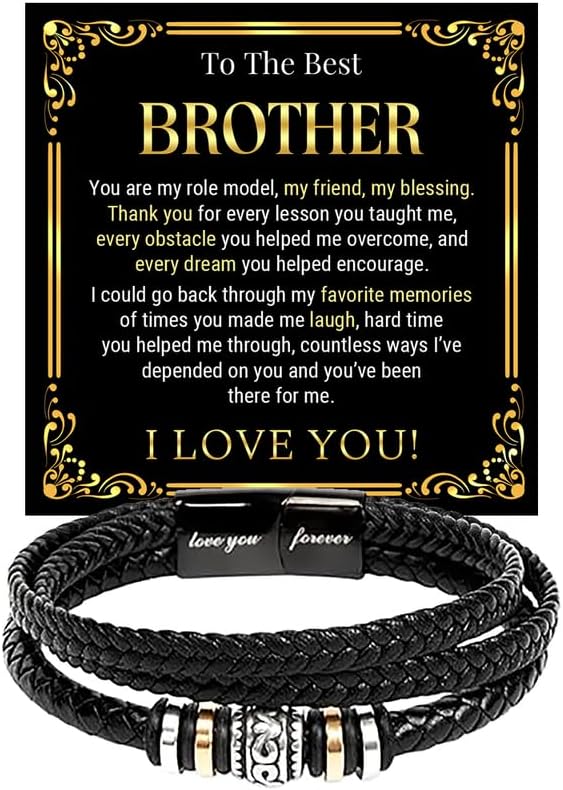To My Brother Bracelet from Sister, Braided Leather & Stainless Steel Jewelry with Message Card and Gift Box, Perfect for Birthday, Christmas Gifts