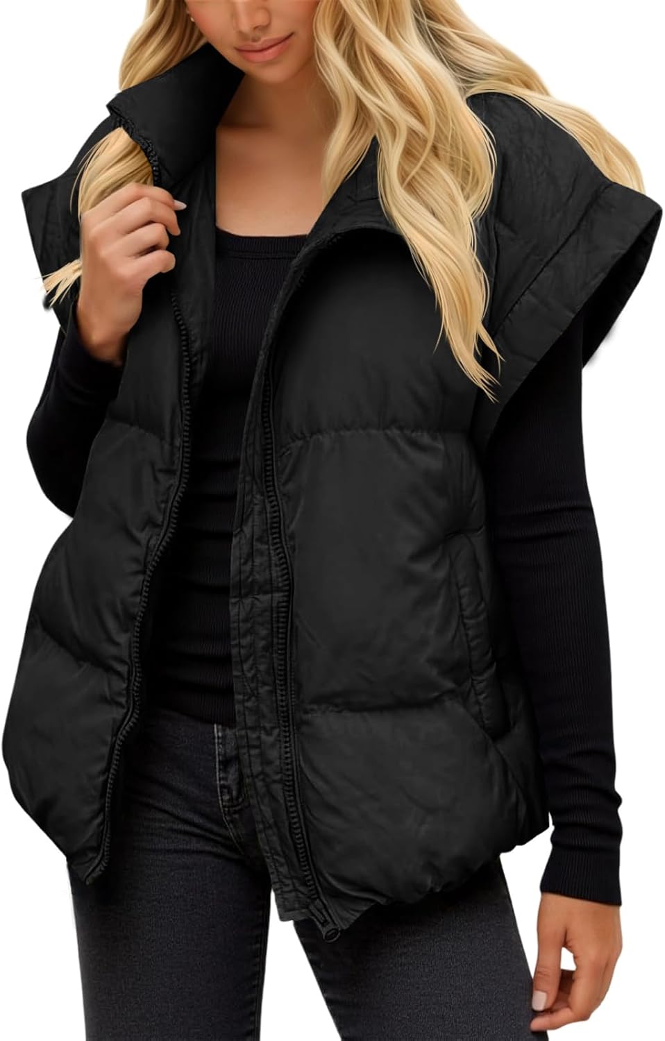 Tankaneo Womens Quilted Puffer Vest Casual Stand Collar Cap Sleeve Coat Zip Loose Fit Warm Outerwear