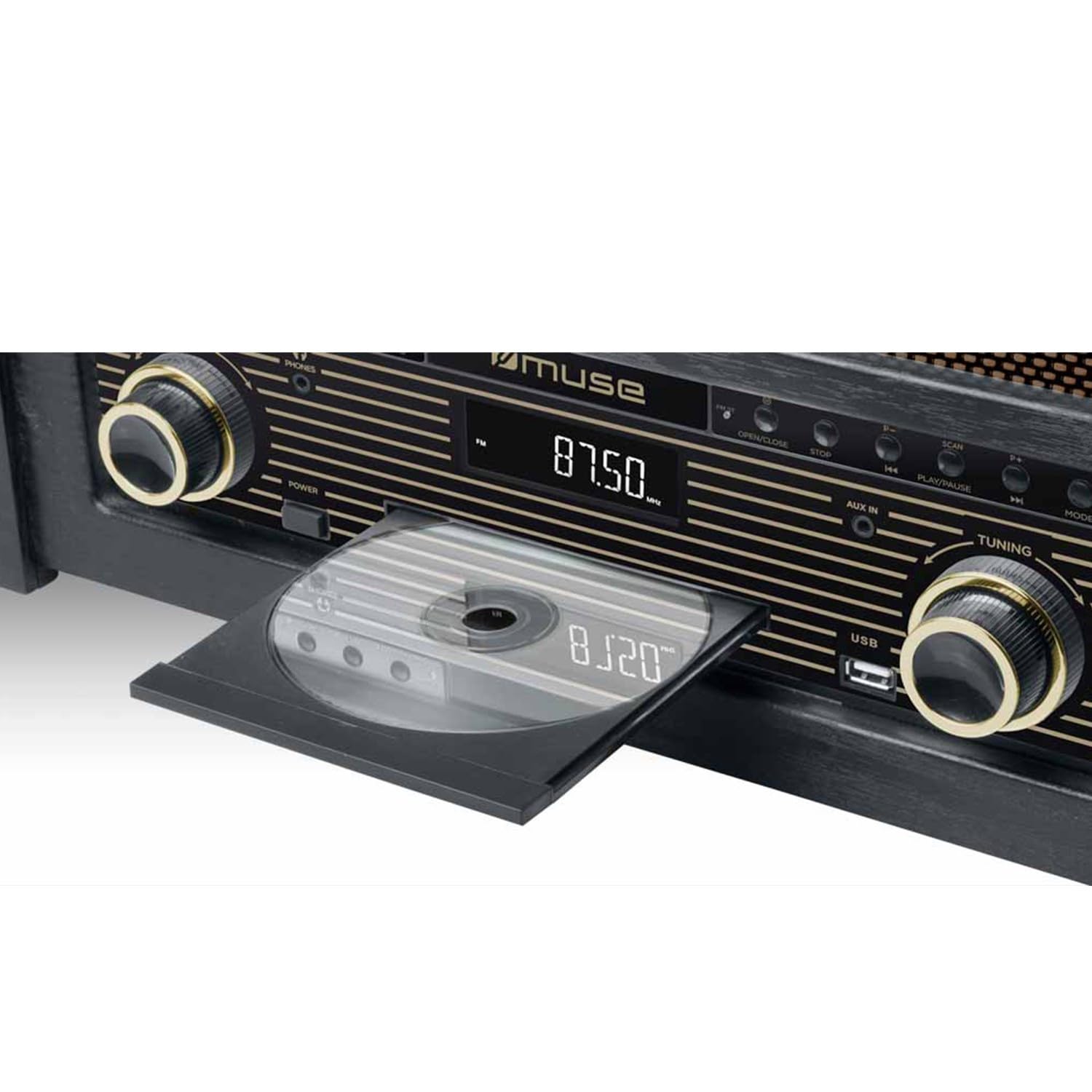 Bmi Platine Vinyle Muse MT-115W, Micro-Chaîne Radio FM avec 30 Stations préréglées, Stéréo 33/45/78 Tours, CD, Puissance 20W