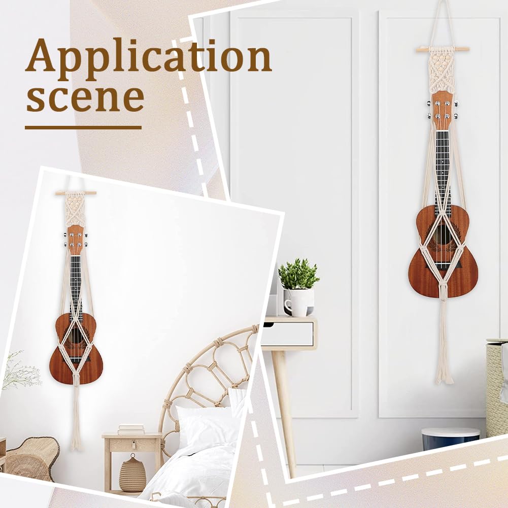 CREATCABIN Ukulele Wall Mount Hanger White Macrame Guitar Wall Hanger 7.87" x 37.4" Cotton Boho Hanging Stand Holders Hangers Alternative Kit with Wood Head for Acoustic Electric Guitars Walls Decor - Image 4