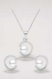 - 925 Sterling Silver Zola Real Pearl Pendant Earrings Chain Necklace Jewellery Set | Platinum Plated, Swiss Zirconia | Gift for Women and Girls