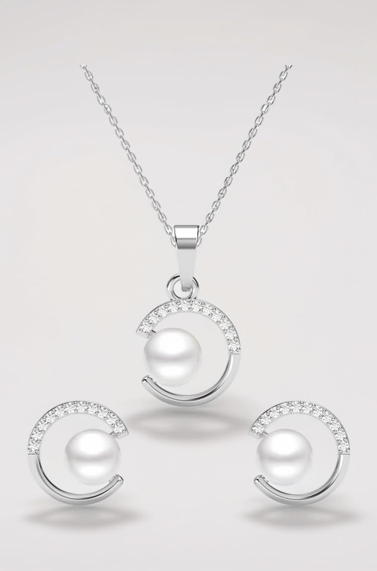 - 925 Sterling Silver Zola Real Pearl Pendant Earrings Chain Necklace Jewellery Set | Platinum Plated, Swiss Zirconia | Gift for Women and Girls