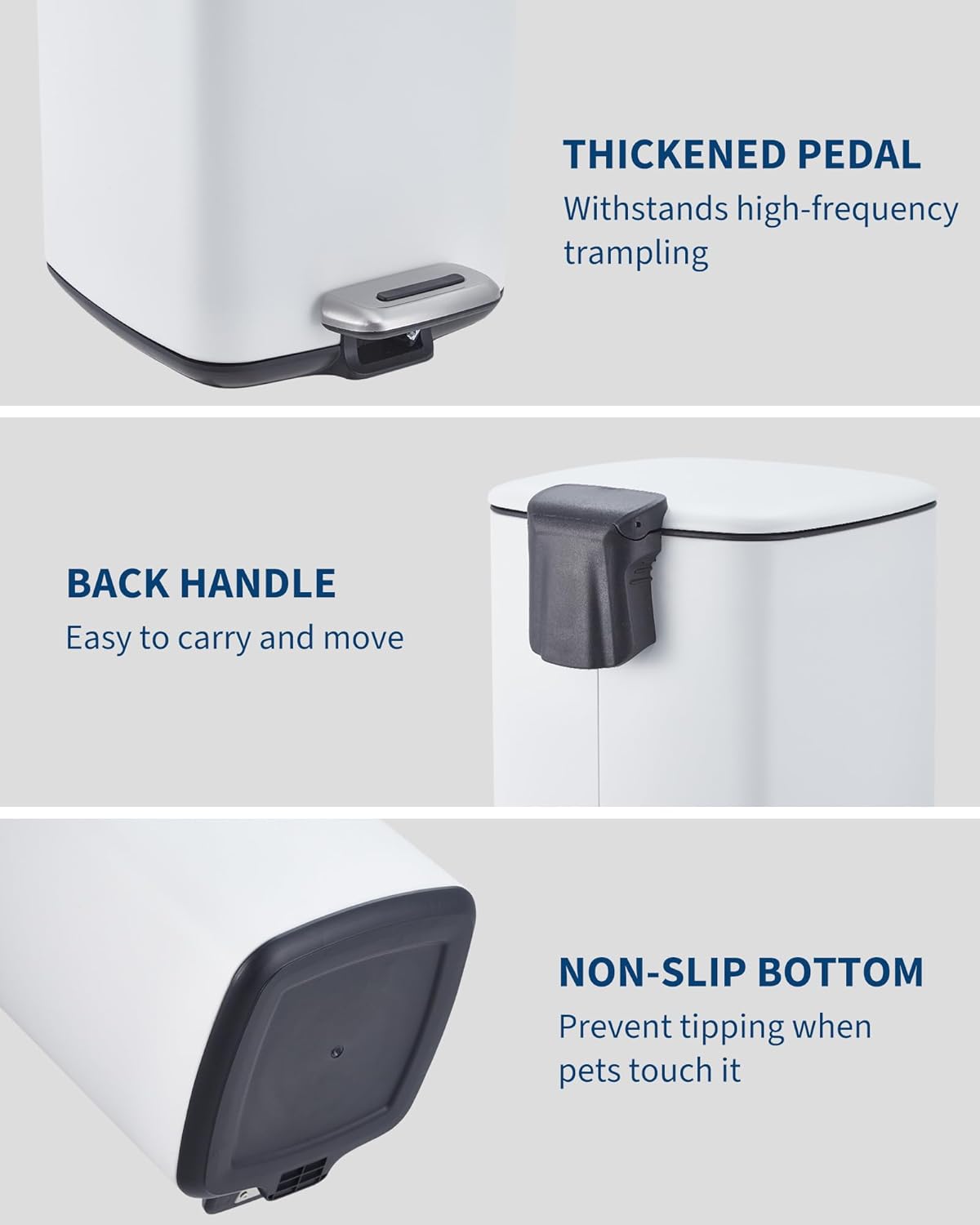 8 Gallon Trash Can, Stainless Steel Kitchen Garbage Can with Soft Close Lid and Removable Plastic Inner Bucket, Step On Metal Trash Bin, Square, Fingerprint Resistant, White