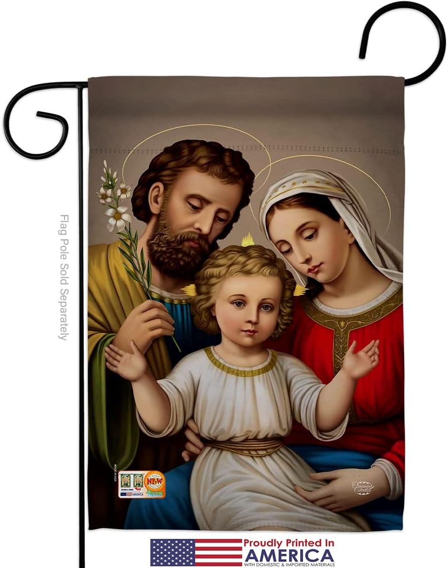 Holy Family Garden Flag Set Wall Holder Religious Faith Hope Grace Peace Dove Christian Religion Easter Small Decorative Gift Yard House Banner Made In USA 13 X 18.5
