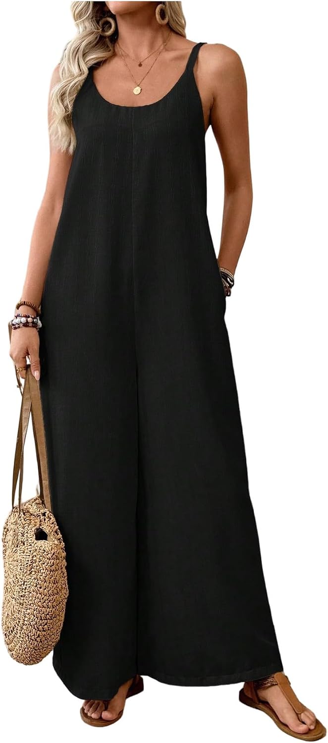 SweatyRocks Women's Tropical Print Wide Leg Jumpsuit Rompers Boho Spaghetti Strap Vacation Jumpsuits with Pockets