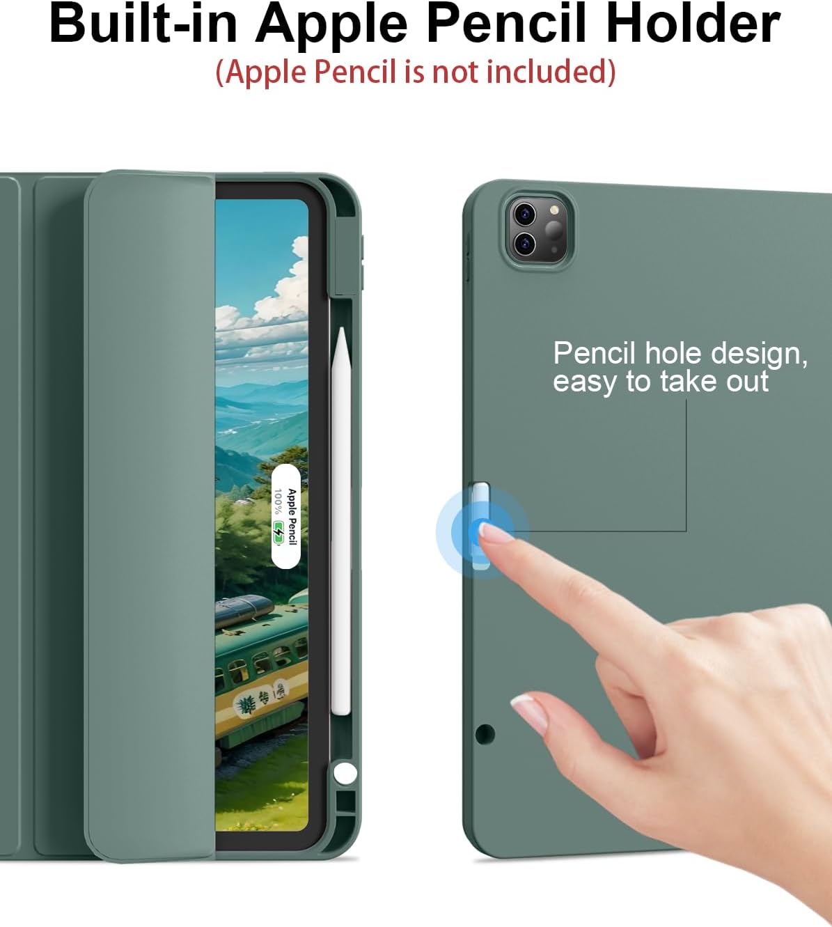 for iPad Pro 12.9 Case (6th/5th/4th/3rd Generation 2022/2021/2020) & ipad Air 13 inch case (M3 2025/M2 2024) with Pencil Holder, Smart Slim Trifold Stand Case with Soft TPU Back (Dark Green)