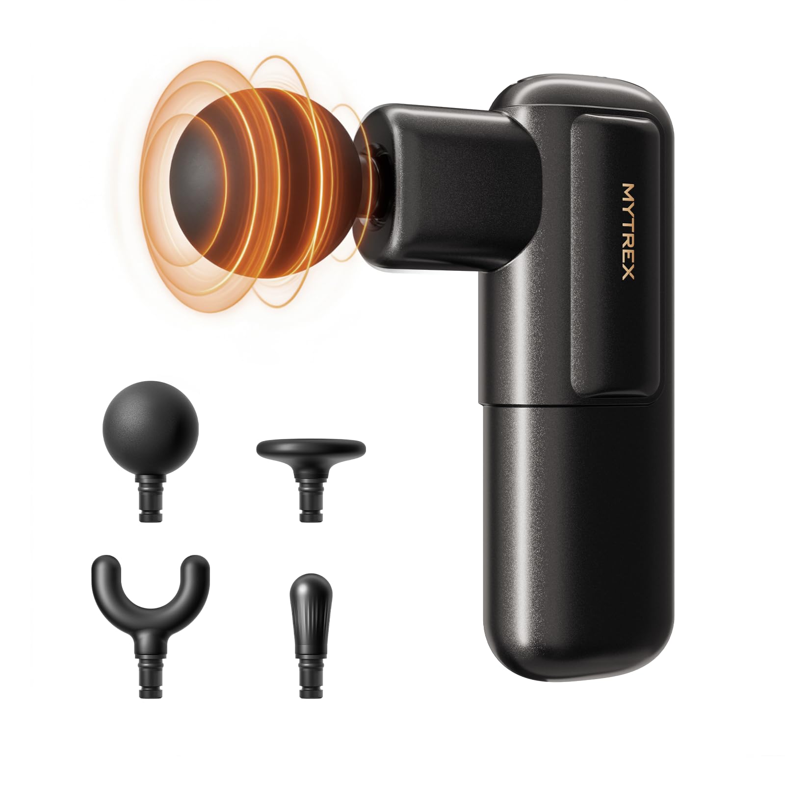 MYTREX Mini-Massagepistole, tragbares Tiefengewebe-Percussion-Massagegerät mit 4 Köpfen, ultra-leise, leicht, 205 g, für Nacken & Rücken, Zuhause, Büro & Reisen (Schwarz)