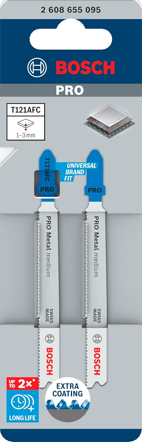 Bosch 2 x Pro Metal Medium T121AFC Jigsaw Blade (for Sheet Steel, Sheet Steel, Length 92 mm, Professional Accessories Jigsaw)