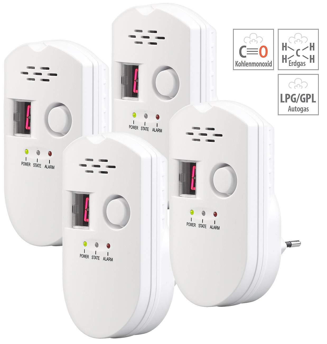 VisorTech Gas-Warnmelder: 4er-Set Steckdosen-Multi-Gasmelder für Erdgas und Autogas, 85 dB (Gas Detector, Gasdetectors)