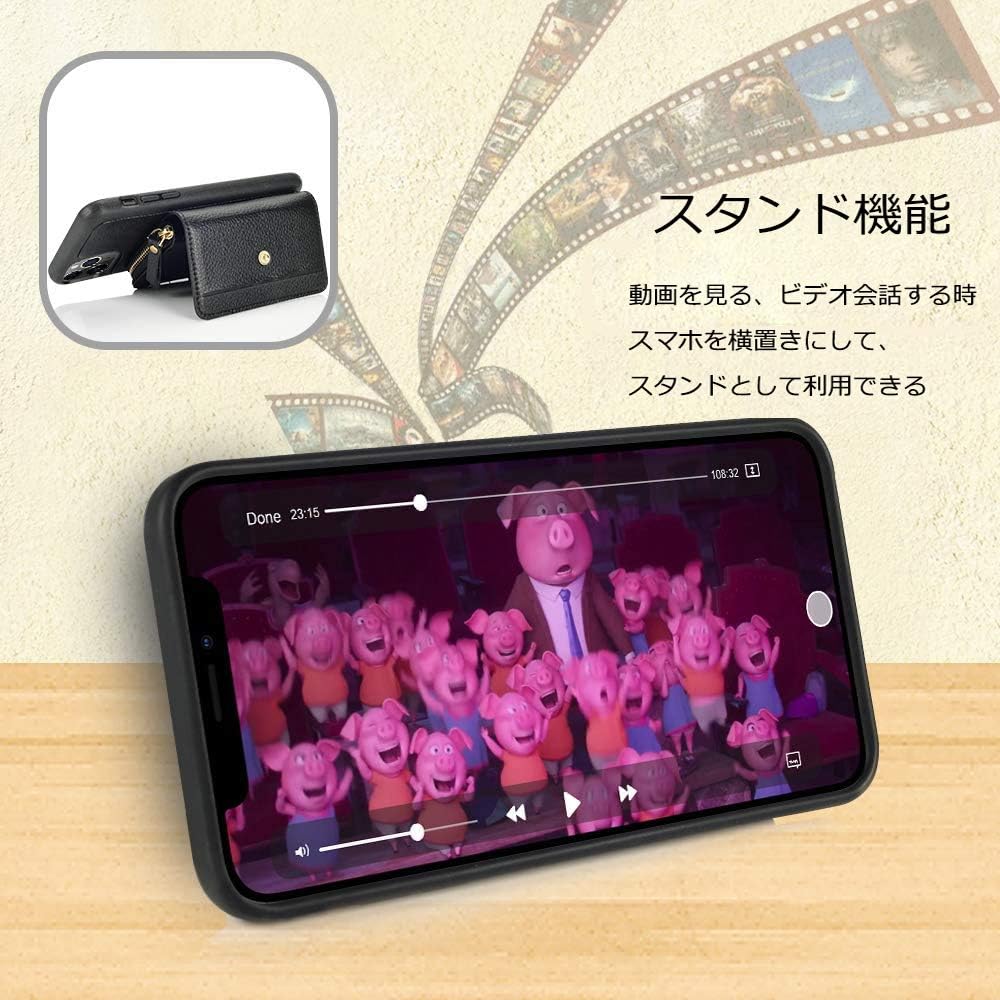 iPhone 12Pro適応ケース ZVE iphone12 適応ケース 手帳型ケースカード収納 お札入れ コインポケット付き 2way バンドストラップ付き 斜め掛け 背面財布型ケース ショルダーケース スタンド機能 レザーカバー Wallet Case アイフォン12 ケース/アイフォン12プロ適応携帯カバー 6.1インチ（ブラック）