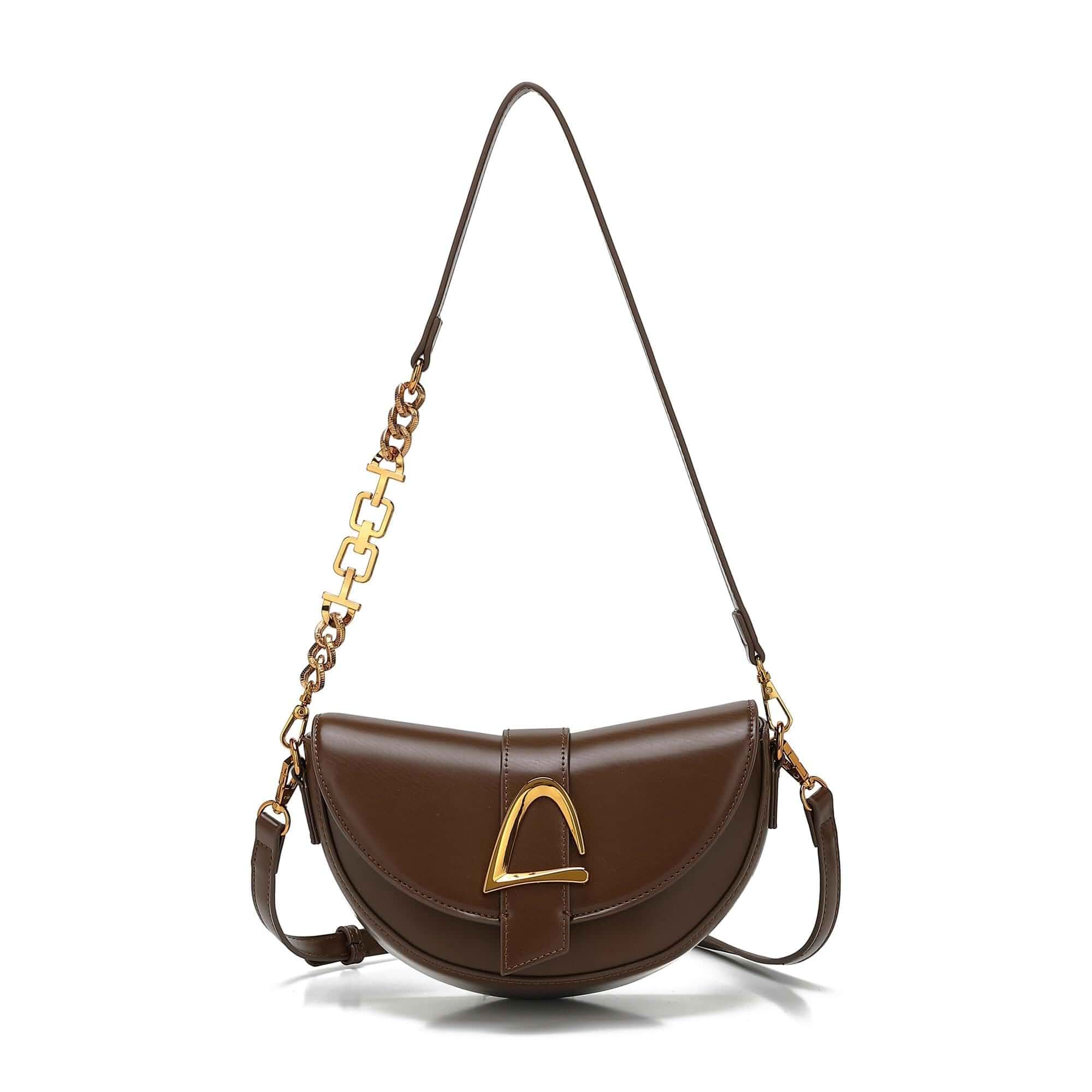 Crescent Shoulder Bag for Women, Half Moon Saddle Purse with Gold Chain, Vegan Leather Handbag
