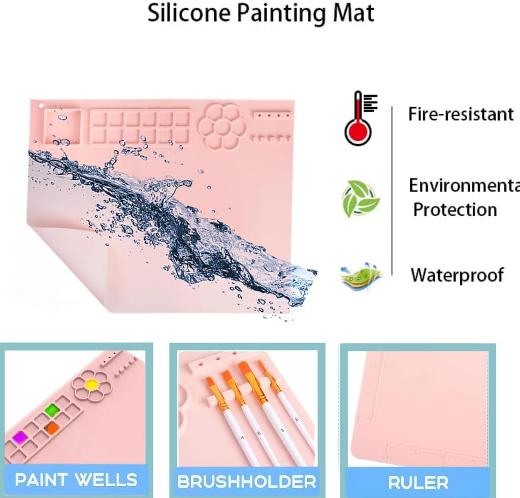 Paint Station - paint brush cleaner with 10 Paint Brushes and 20×16 Inch Silicone Painting Mat, Reusable Art Supplies for Kids, Adults & Beginners - Perfect for Watercolor, Acrylic, Oil Painting(Pink) - Image 5