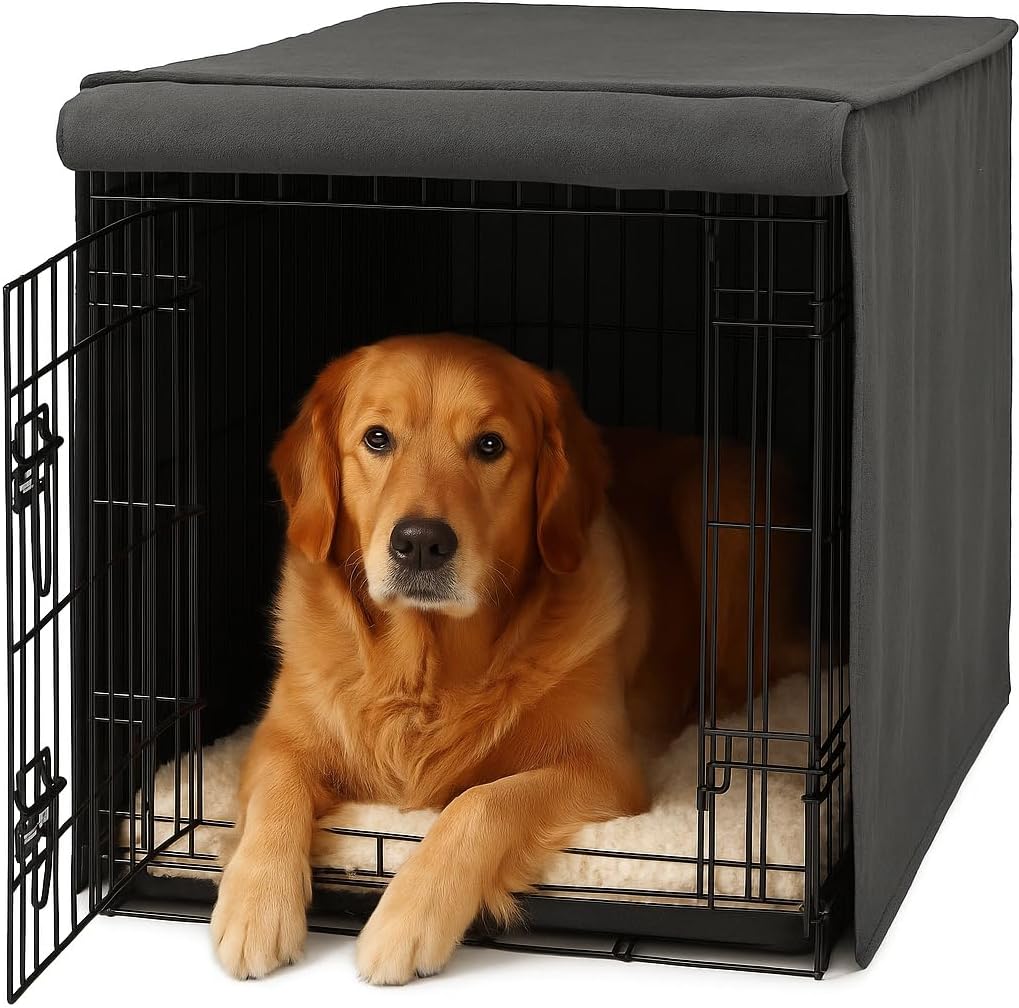 Friends Forever Metal Dog Crate Cover 42 inch w/Light Blocking Protective Curtain, Dog Cage Cover w/Roller Shades, Machine Washable, Trucker Black
