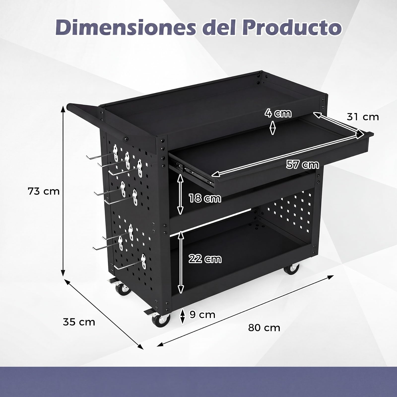 GYMAX Carro de Almacenamiento para Herramientas, Carro de Taller de 3 Niveles con Cajón, 2 Paneles Perforados, 8 Ganchos y Ruedas, Carrito Rodante de Transporte para Taller, Garaje y Almacén