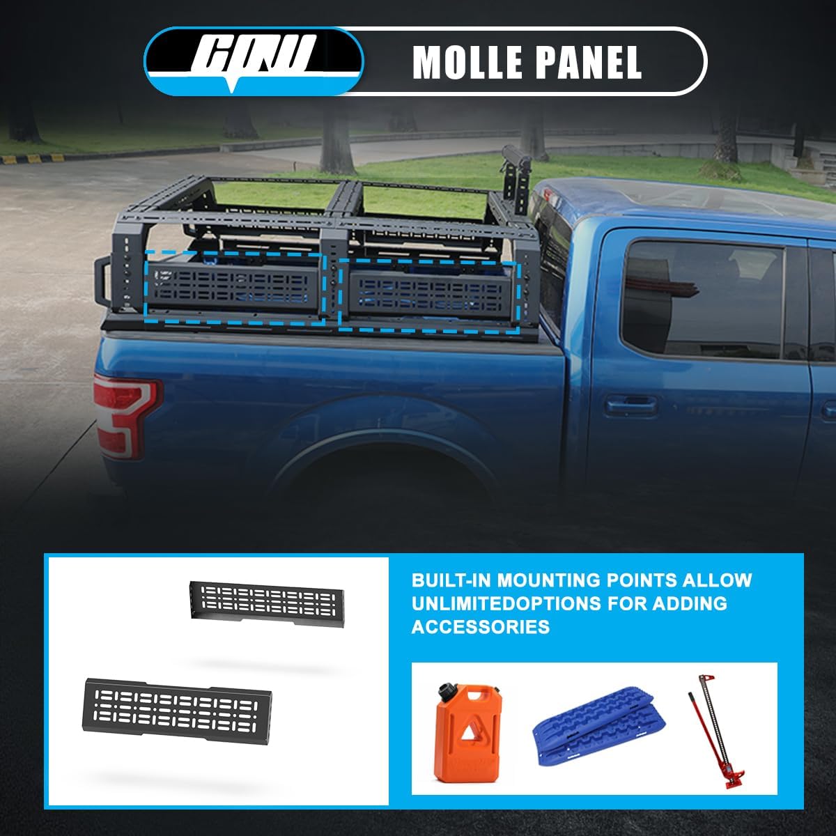 CPW Full-Size Pickup Sport Roll Bar Fit For Tundra/Ford/Chevy Silverado/GMC Sierra, Adjustable Sport Chase Rack Roll Bar Fit For Dodge Ram/Nissan, Modular Overland Bed Rack w/Front & Rear Molle Panels