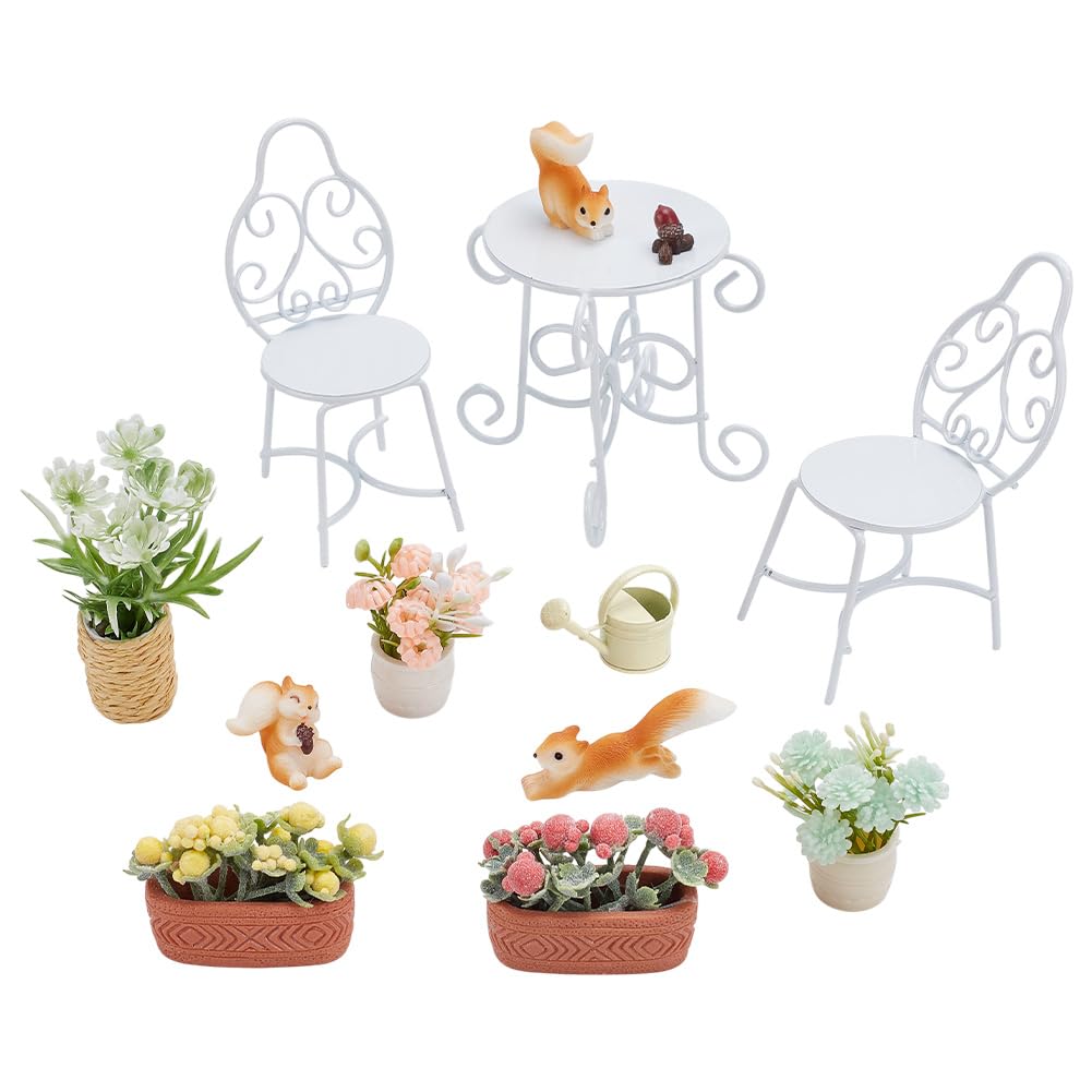FREEBLOSS 13Pcs Dollhouse Furniture Set Miniature Patio Set including Mini Table Chairs Garden Plants Mini Squirrels Decor Doll House Furniture and Accessories Set