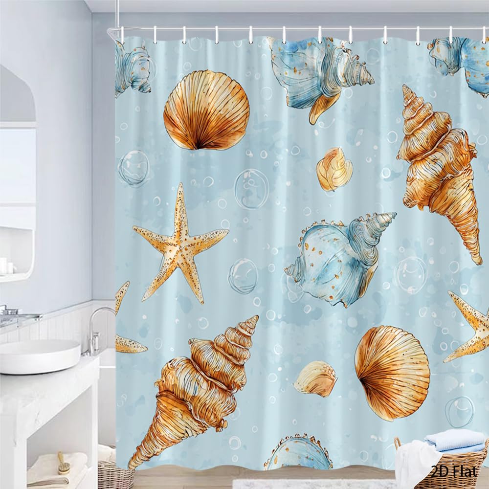 Glwdmb B-18 1 Piece 150X180cm Seashells And Starfish Design Printed Shower Curtain With Hook, Polyester, For Windows And Walls, Bathtub, Bathroom, Machine Washable, All Season Universal