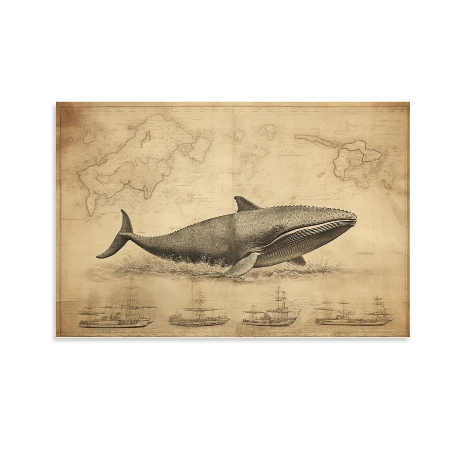 FOCCAR Lienzo decorativo para pared, ballena mediterránea, decoración de pared para sala de estar, animales tropicales, mapa náutico, retro, colgar cuadros