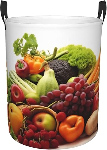 Cesta circular con estampado de verduras y frutas, impermeable, cesta organizadora de ropa, con asas, para ropa, juguetes, tamaño mediano