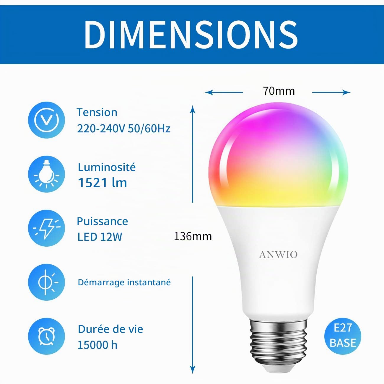 ANWIO 12W Ampoule LED E27 WiFi et Bluetooth, Ampoule Connectée Alexa A70 Dimmable, Tuya App Et Smart Life, 1521Lm RGB Ampoule, Pas de Hub requis, Lot de 4