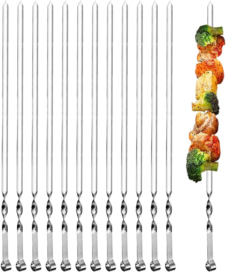 Ram© 1B09W9YRSNQ2 X Kebab Skewers, Set of 12 Stainless Steel BBQ Grilling Skewers Flat Reusable Metal Skewer Sticks for BBQ, Cocktail, Shish Kabob, Party Essentials, 30cm