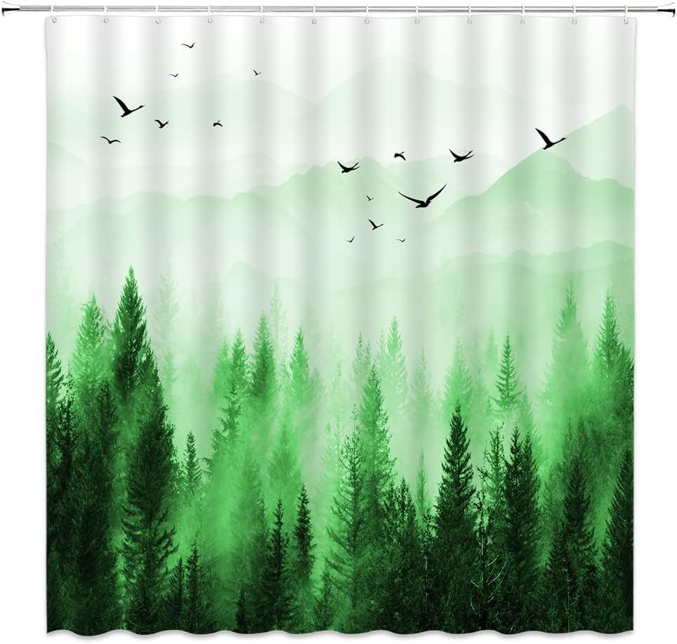Misty Forest Shower Curtain Mountain Foggy Green Tree Fantasy Magic Smokey Pine Tree Scenery Modern Nature Landscape Fabric Home Bathroom Decor Set with Hooks（70" Wx74.8 H）