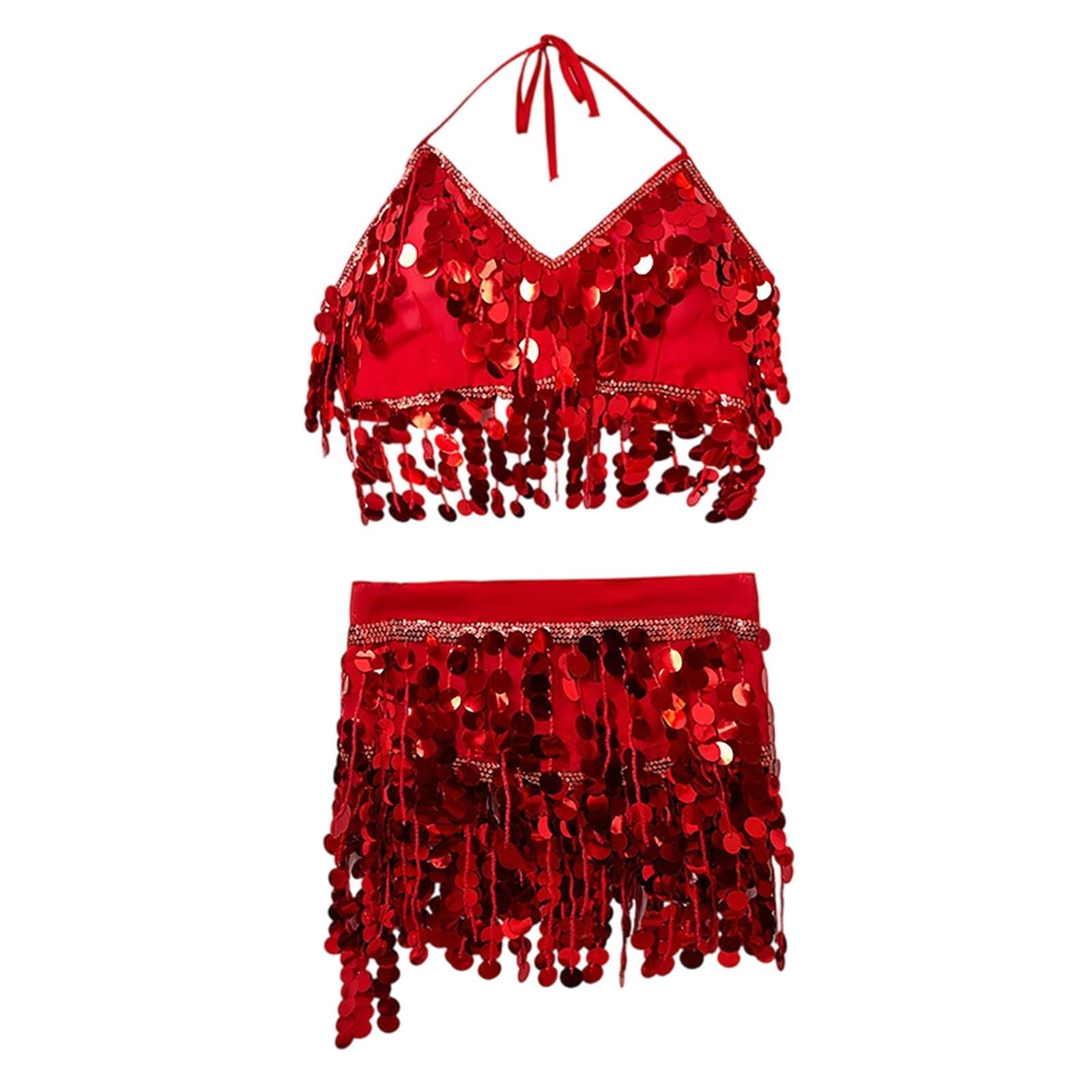 Maxi gonne da donna senza pancia, paillettes, gonne a frange, set reggiseno da danza, top, costume da donna e ragazza