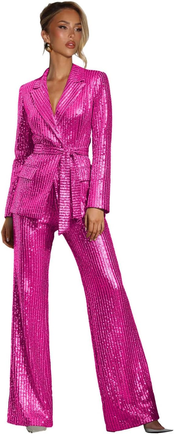 Sequin Pant Suits for Women Dressy Notch Lapel 2 Piece Womens Suit with Belt Sparkly Wedding Tuxedo for Prom Party