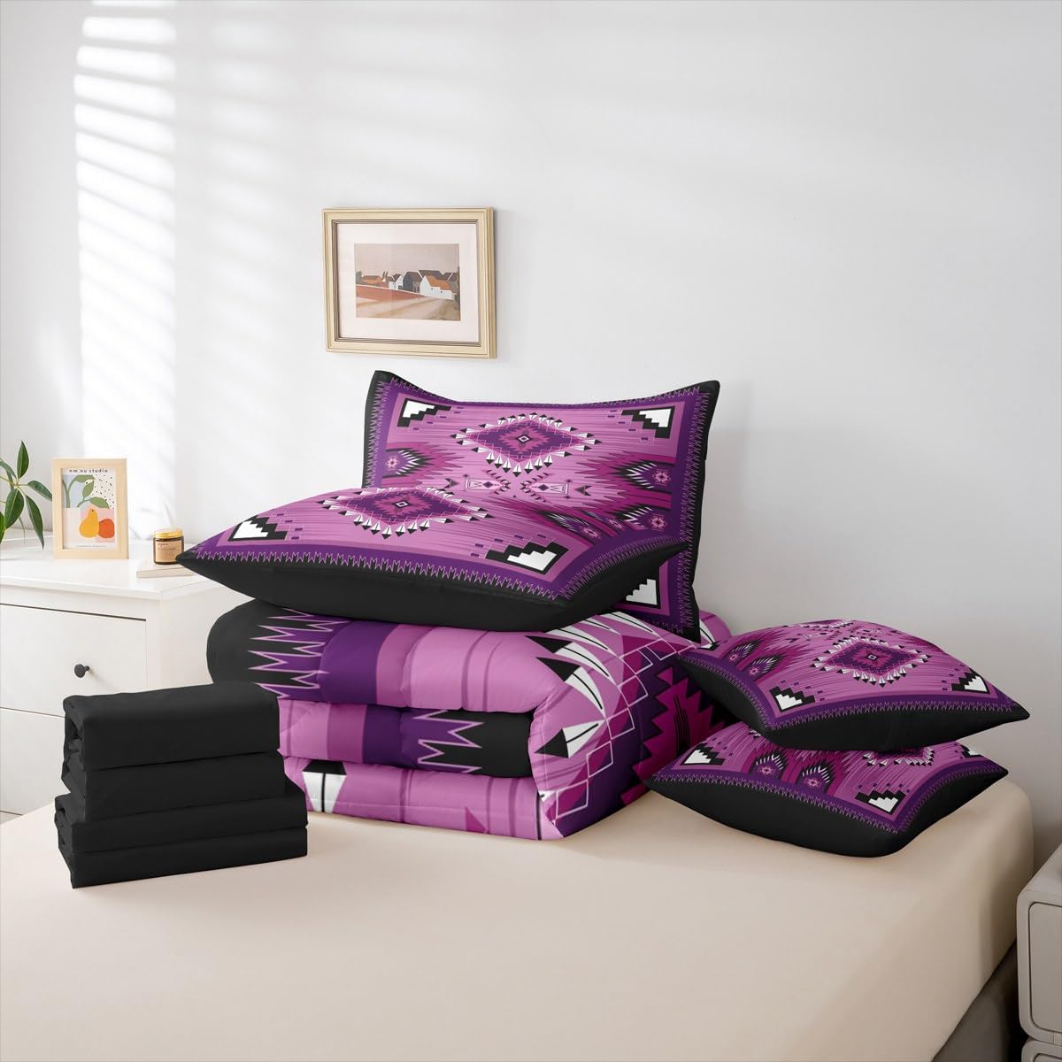 Erosebridal Girls Aztec Queen Bedding Set 7 Piece Rustic Western Bed in A Bag for Boys Teens Adult Exotic Southwestern Geometric Comforter Set Native American Navajo Sheets Lightweight Bedroom Decor