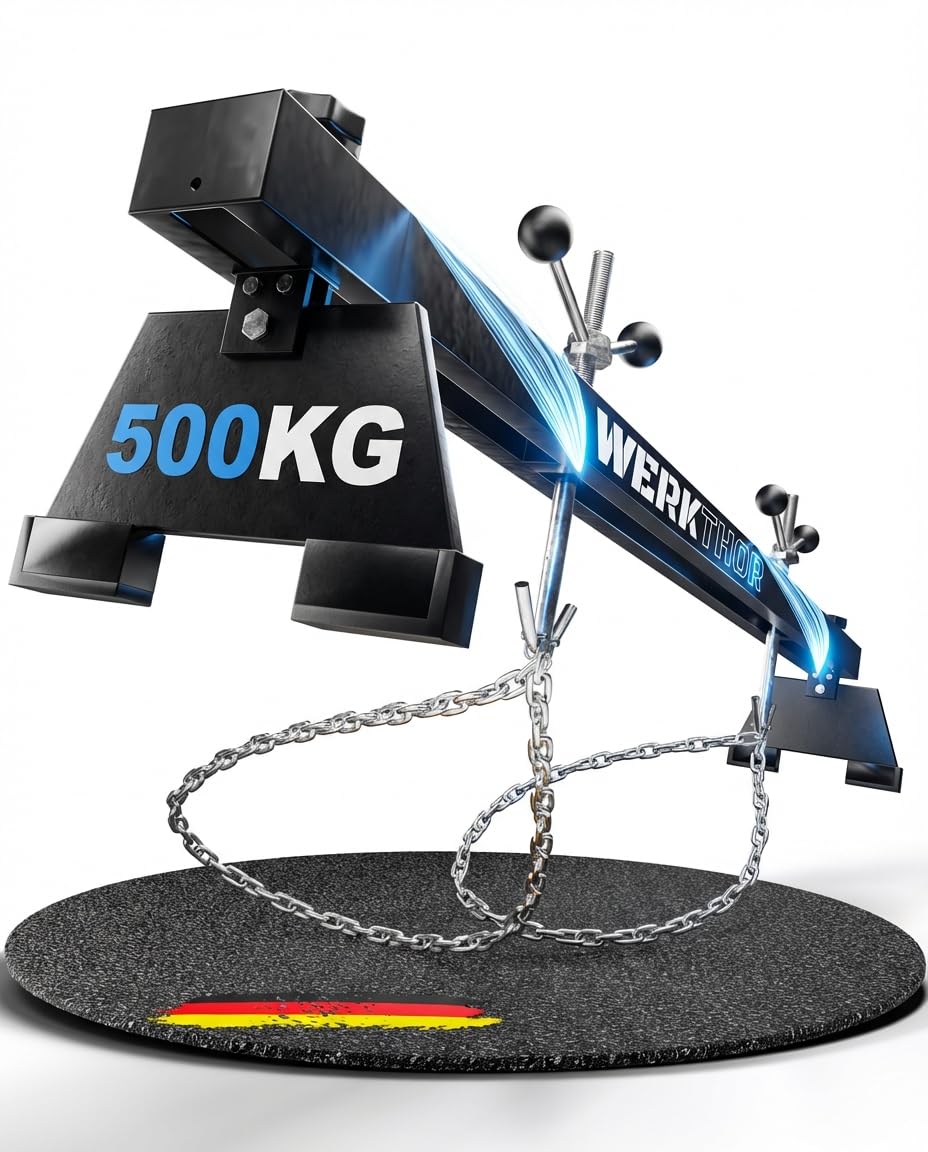 WERKTHOR Support Moteur Atelier 500kg Noir | Traverse Support Moteur Réglable 150cm avec 2 Chaînes 90cm & Pieds 360° | Barre Maintien Moteur pour Embrayage, Distribution, Boîte Vitesse