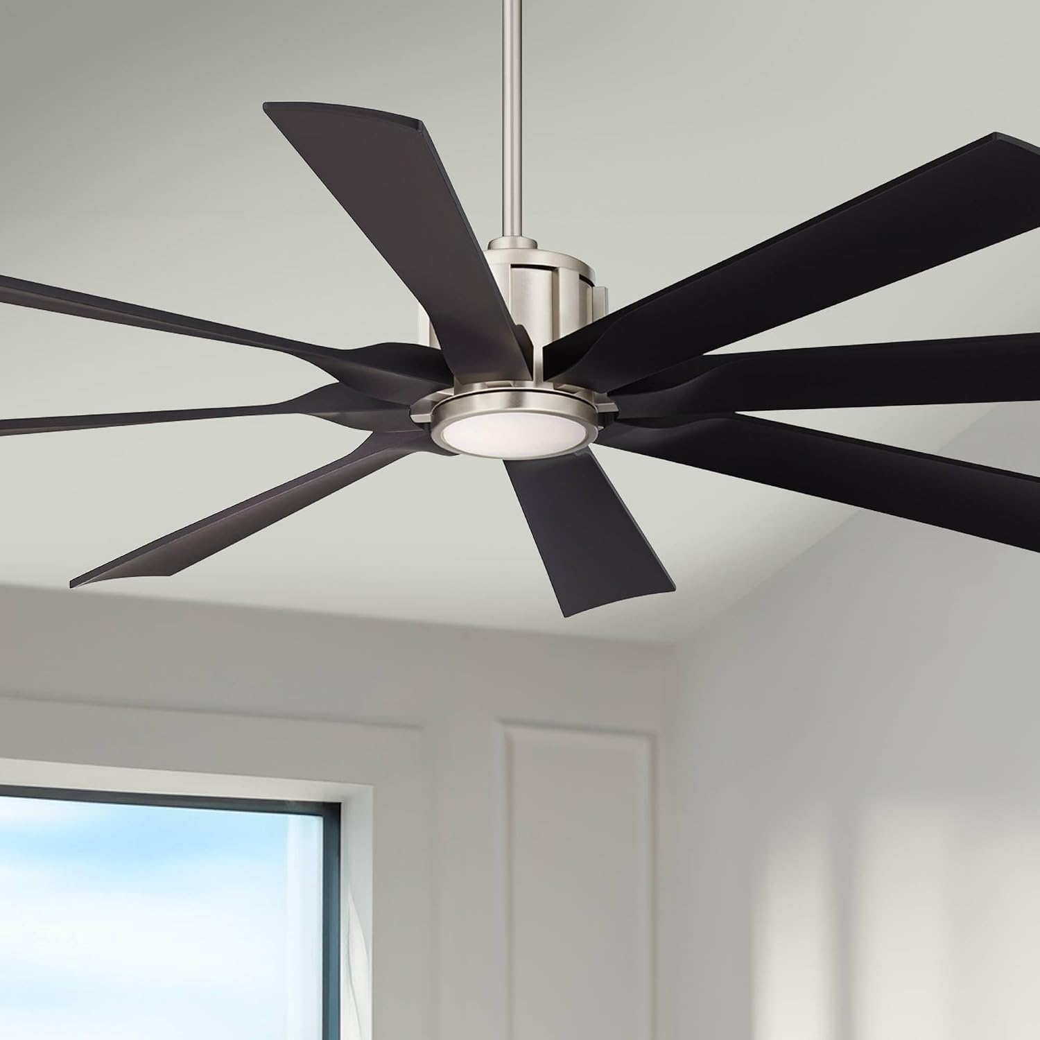 Possini Euro Design 60" Defender Modern Industrial Indoor Outdoor Ceiling Fan 8 Blade LED Light Remote Control Brushed Nickel Motor Black Oak Finish Blades Bedroom Patio Living Room Damp Rated