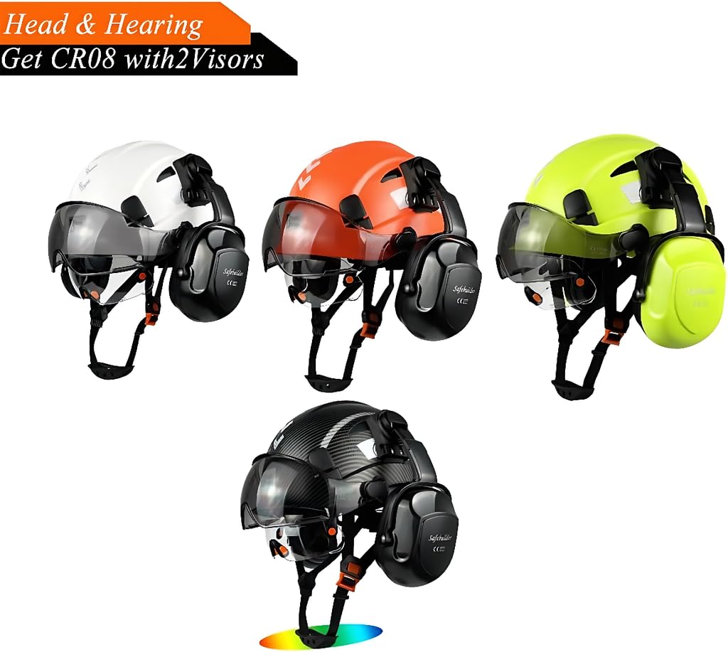 Casco di sicurezza industriale con visiera, paraorecchie, elmetto rigido con visiera ventilata, omologato OSHA, per lavori di costruzione, protezione della testa certificata ANSI/ISEA Z89.1