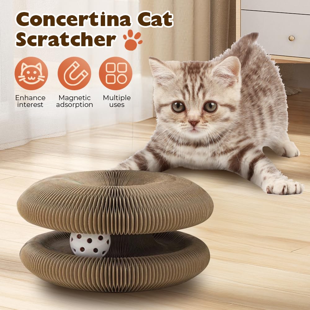 SICOSPI Magic Organ Cat Scratching Board Toy, 2025 Upgraded Foldable Accordion Design Cat Scratcher, Cardboard Cats Toys, Interactive Anxiety Relief Toy, with Bell Ball, Cardboard Scratch Pad (C)