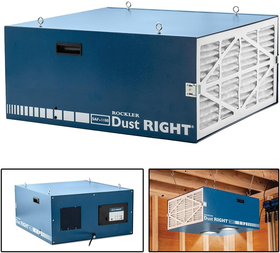 Rockler Dust Right Full-Size Air Filtration System - Ceiling-Mounted Ambient Air Cleaner for Woodworking Shops - High-CFM Air Purifier with LED Lighting, Wireless Remote & Dual 1-Micron Dust Filters
