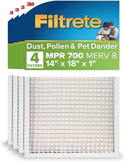 Filtrete 14x18x1 AC Furnace Air Filter, MERV 8, MPR 700, Tough on Pollen, Easy on Airflow, 3-Month Pleated 1-Inch Electrostatic Air Cleaning Filter, 4-Pack (Actual Size 13.81 x 17.81 x 0.81 in)