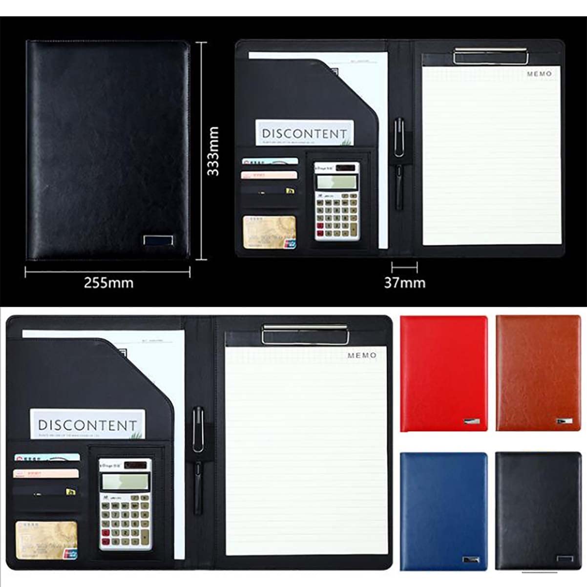 Teczka A4, teczka z organizerem, biznesowa, ze skóry PU kalkulatorem, notes, konferencyjna, na dokumenty CV(Black,8 digit calculator)