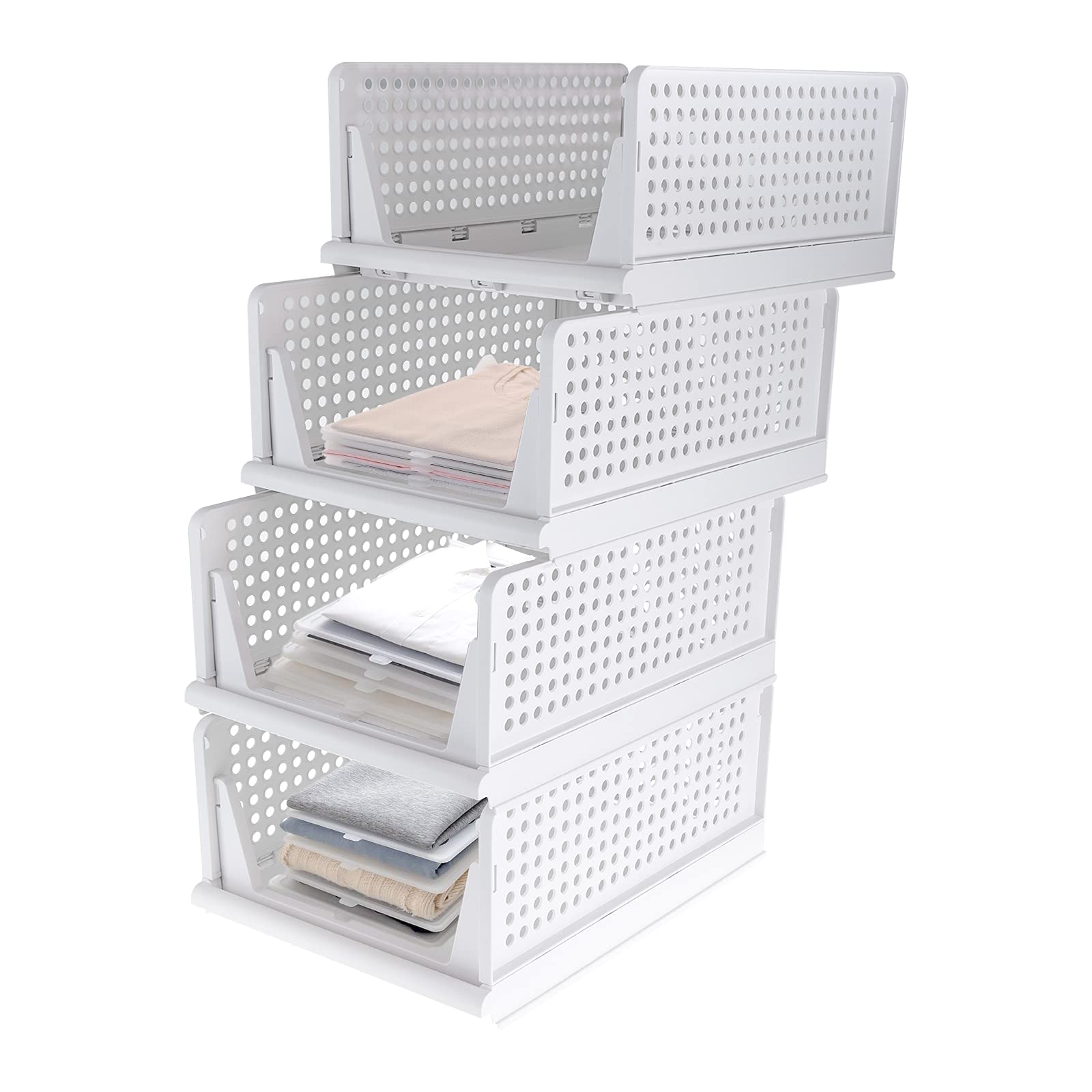 Pack of 4 Stackable Wardrobe Storage Box, Plastic Drawer Organizer, Foldable Basket Organizer, Folding Containers Bins Cubes, Perfect for Kitchen, Office, Bedroom & Bathrooms (large)