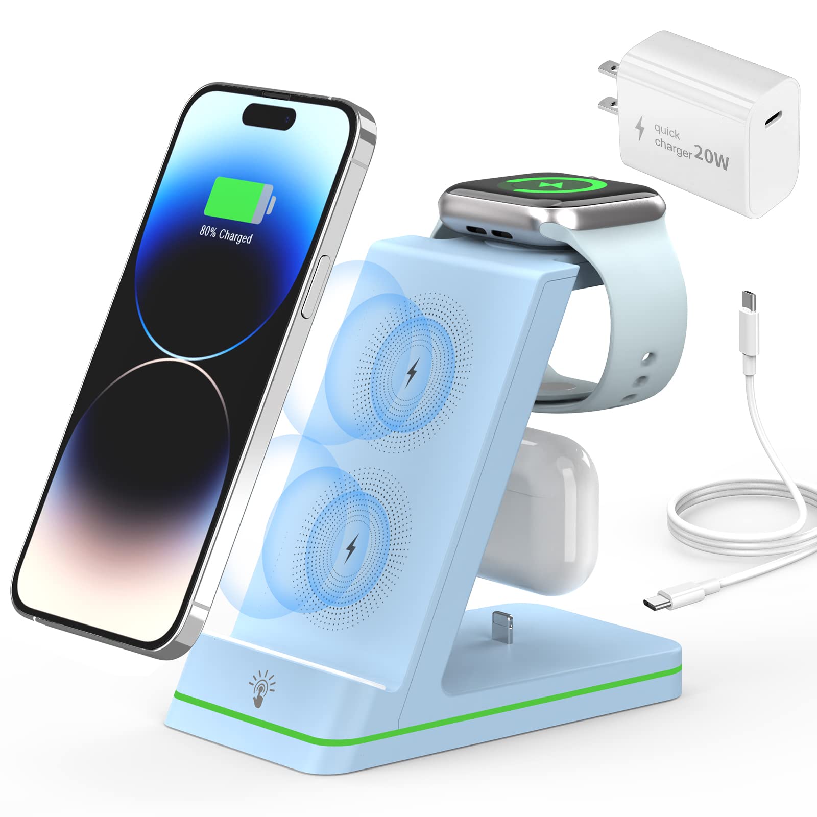 Charging Station for Apple Devices, 3 in 1 Wireless Charger Stand with 20W USB C Adapter Compatible with iPhone 14 13 12 11 Pro Max 8 XS XR, Fast Charging Stand Dock for Apple Watch Series & AirPods