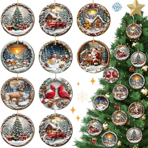 Image of Vercraft 24 Pcs Christmas Wooden Ornaments for Christmas Tree Vintage Round Xmas Decorations 3D Cardinal Snow Scenery Ornaments Santa Claus Scene Hanging Decoration for Winter Farmhouse Home Party