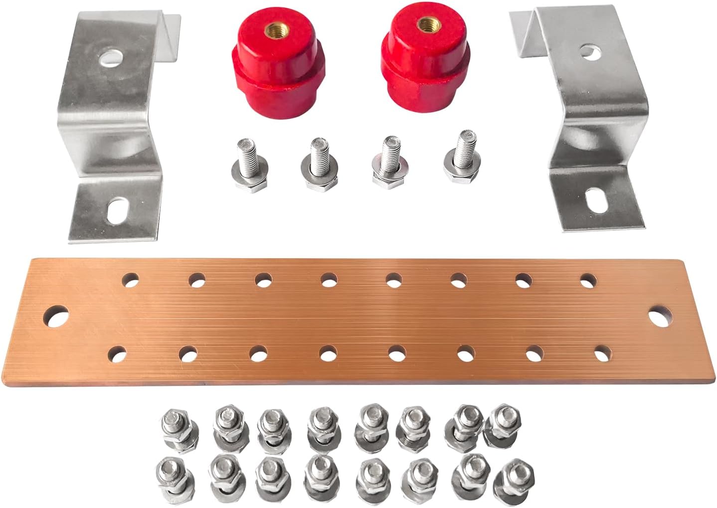 Copper Ground Busbar Kit, 10"x1.96"x 0.23" Copper Ground Bus Kit, 16 Terminal Positions and SM40 Insulators