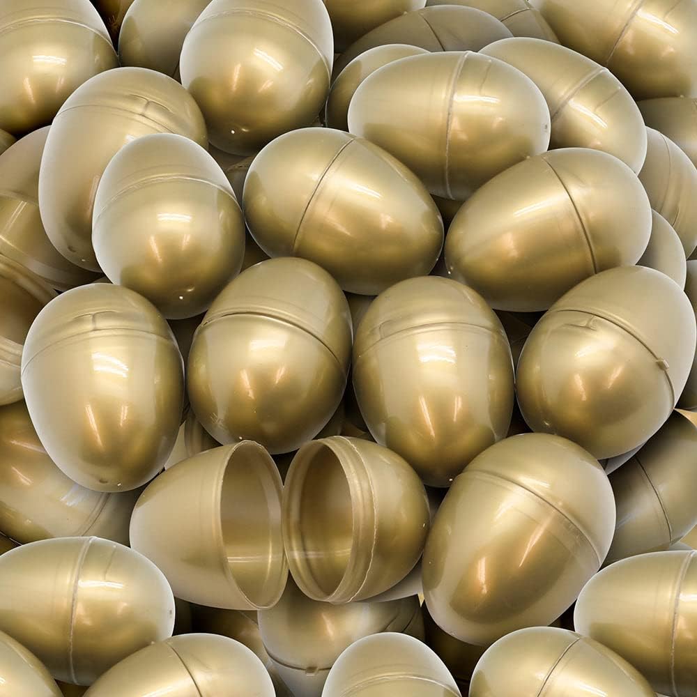 100 Pack of Gold Bulk Hinged Easter Eggs in Poly Bag Fillable for Easter Egg Hunt and Tossing Gifts 2-1/3"