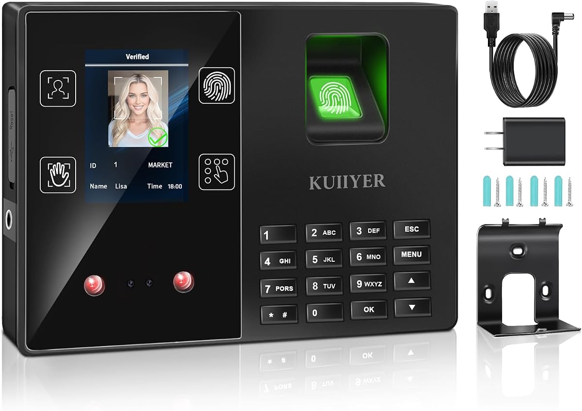 KUIIYER 4 in 1 Employees Time Clocks (Face + Fingerprint + Palm Print + PIN | Employee Clock in & Out Machine Biometric Attendance Punch Clock Recorder Tracker for Small Business (No Monthly Fee)