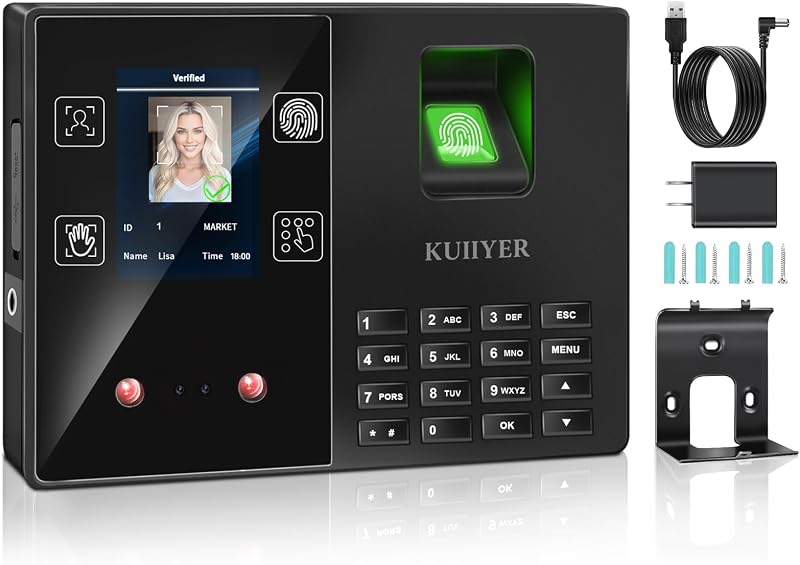 KUIIYER 4 in 1 Employees Time Clocks (Face + Fingerprint + Palm Print + PIN | Employee Clock in & Out Machine Biometric Attendance Punch Clock Recorder Tracker for Small Business (No Monthly Fee)
