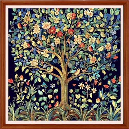 Image of Hopeart Stamped Cross Stitch Kits for Beginner Embroidery Kits for Beginners Adults DIY 11CT Cross Stitch Patterns Needlepoint Kits Crossstitching Kits-Tree of Life, Little Bird 18x18 inchs