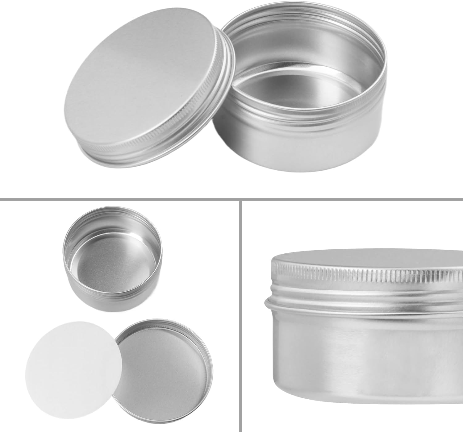 54 Pcs 3 Ounce Aluminum Tins with Screw Tops, Round metal tin with Screw Lids, 3 oz Round Cans with Lid for Cosmetics, Lip Balm, Spices, and More(silvery)