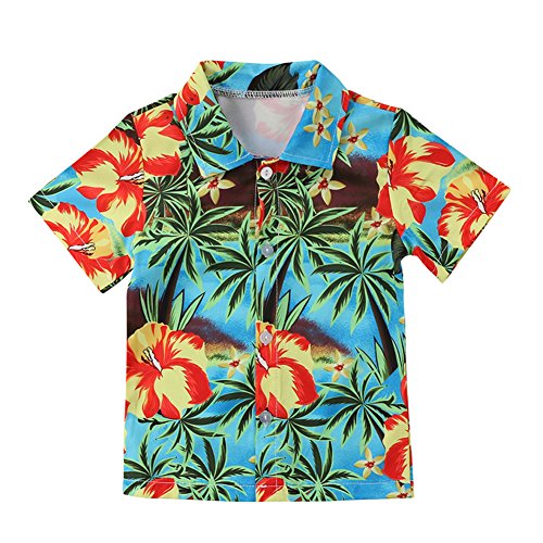 Baby Boy Kids Tropical Landscape Pattern Shirt Short Sleeve Beach Holiday Casual Blouse Tops (Blue, 1-2 Years)