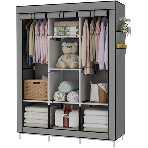 UDEAR Portable Wardrobe Closet Clothes Organizer No-Woven Fabric Cover with 6 Storage Shelves, 2 Hanging Sections and 4 Side Pockets，Grey
