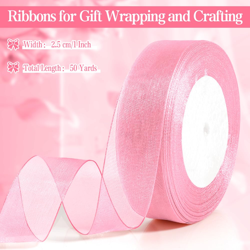 Pink Ribbon for Gift Wrapping Light Pink Ribbon Thick 25mm 50 Yards Organza Ribbons for Crafting Ribbons Gift Wrapping Easter Basket Mothers Day Gifts Flower Bouquet Bow Christmas Tree Cake Decoration - Image 2